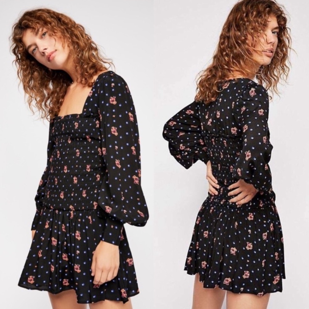 New Free People Two Faces Milkmaid Mini Dress Floral Smocked Puff Sleeve Black